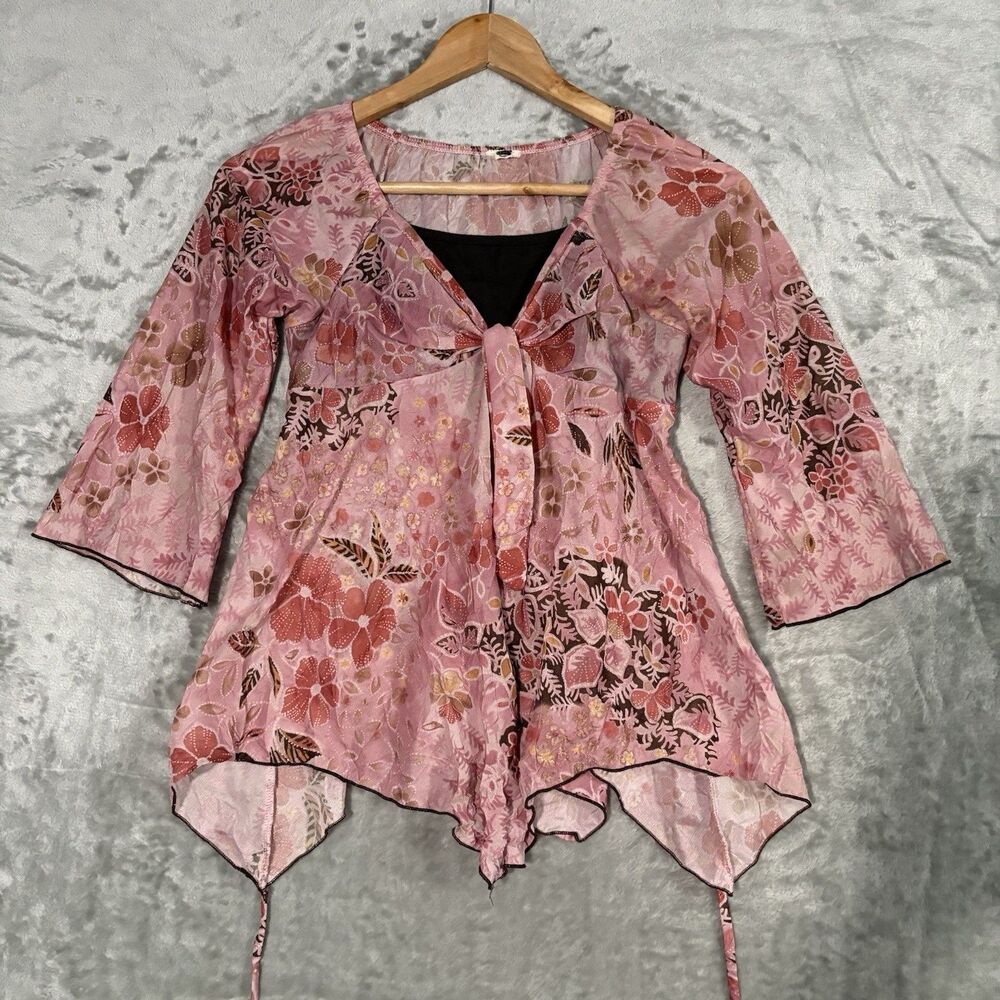 Vintage Y2K Whimsigoth Handkerchief Hem Top Floral Pink Mesh Tie Front Small